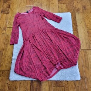 Lisa Bayne Mesh Dress Women's Small Red Black Print French Lagenlook